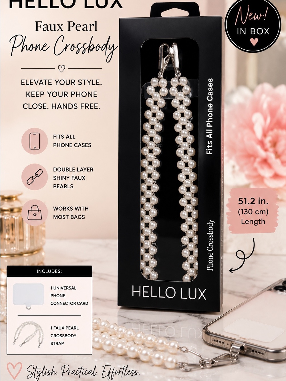 HELLO LUX Pearl Phone Crossbody Strap - White Pearls